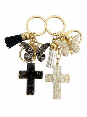 Gold Butterfly & White Mosaic Cross Keychain Charm